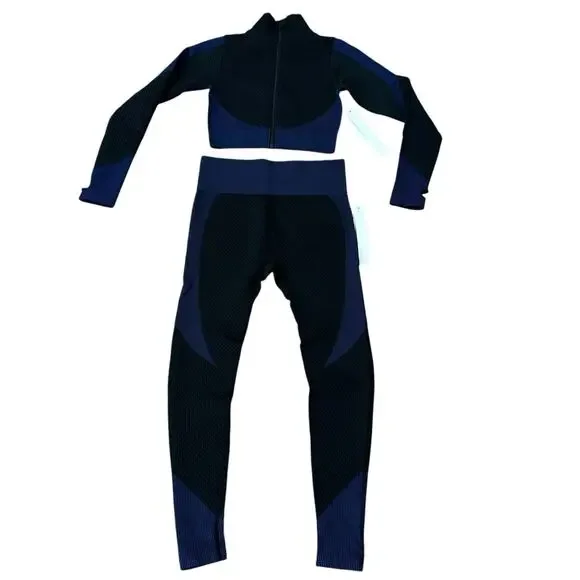 New Mix Zip Up Cropped Active Top & High Waist Leggings Set Black & Blue Size S - Picture 2 of 6